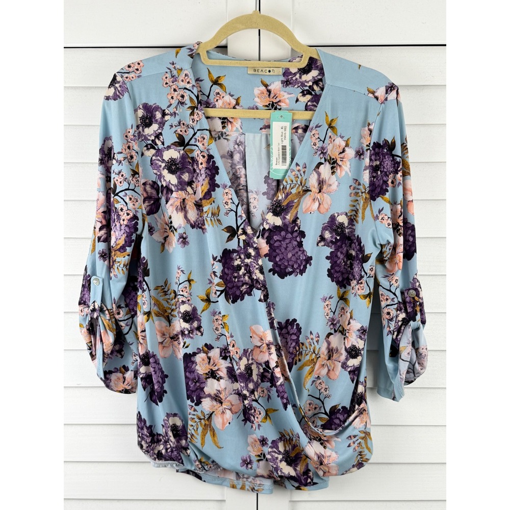 Beacon Julia Surplice Knit Top XL Light Blue Floral Roll Tab Sleeve NEW